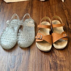 Cat & Jack brown sandals and clear sparkly jelly shoes